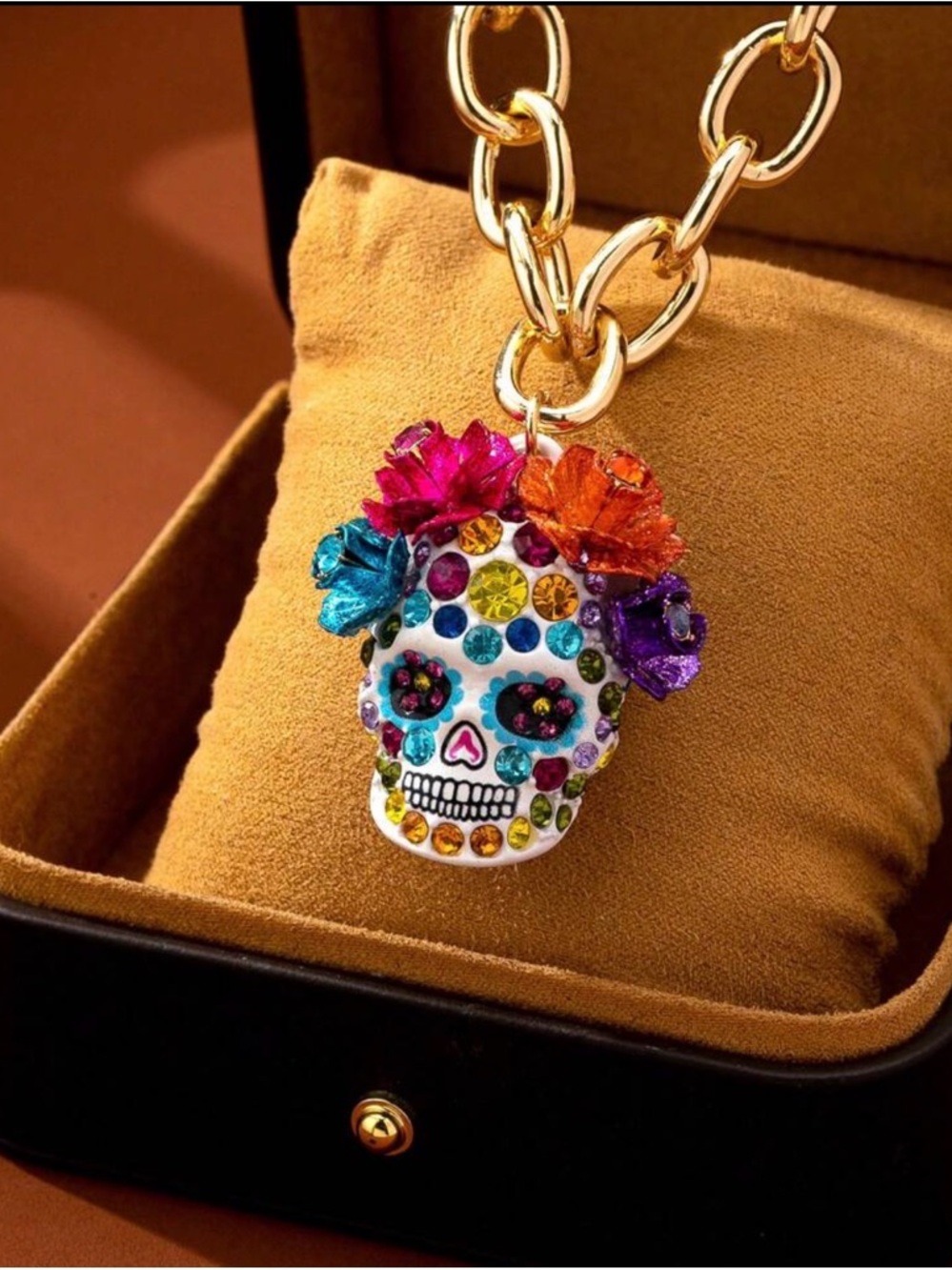 Multicolor Crystal Sugar Skull Pendant Necklace